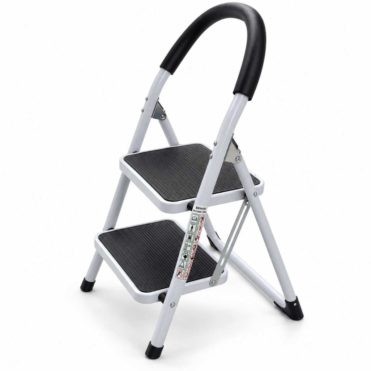 2-Step Folding Household Ladder with Padded Safety Handrail & Anti-Slip Steps – White & Black - Al Thahani Furniture