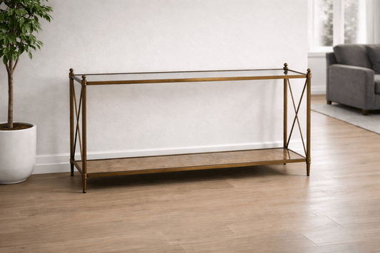 2XL Home Antique Gold Brass Console Table – 150 cm, Elegant Metal Accent Table for Entryway/Living Room - althahanifurniture