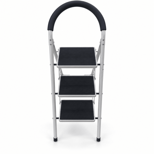 3-Step Folding Steel Household Ladder with Padded Safety Handrail – White & Black - Al Thahani Furniture