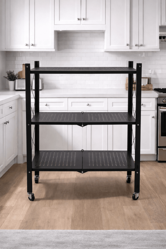 3 - Tier Folding Shelf with Wheels – Heavy Duty Metal, 70 cm Wide, 70x34x87 cm, Black – Kitchen, Garage, Office - althahanifurniture