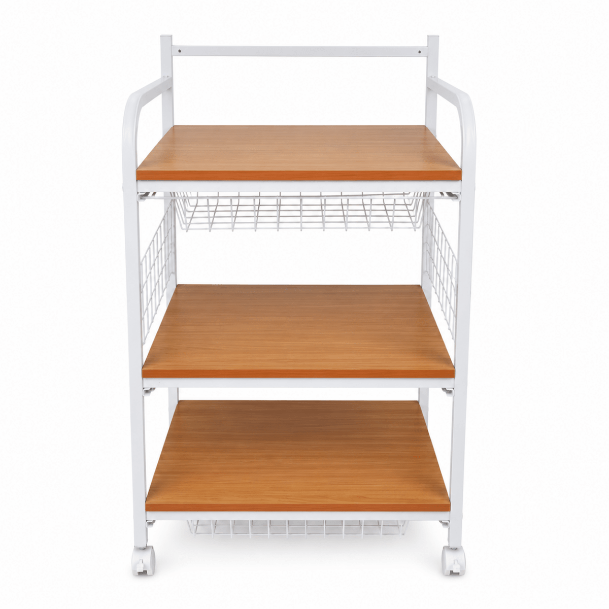 3-Tier Rolling Microwave Stand / Kitchen Utility Cart | White & Wood-Grain, 60x51x110 cm - used 4 months - Al Thahani Furniture