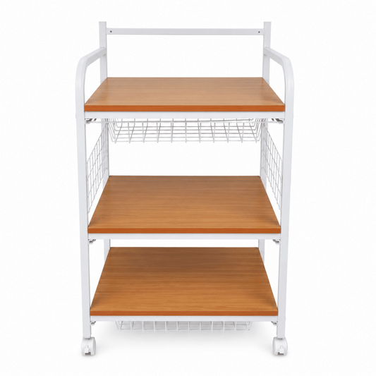 3-Tier Rolling Microwave Stand / Kitchen Utility Cart | White & Wood-Grain, 60x51x110 cm - used 4 months - Al Thahani Furniture