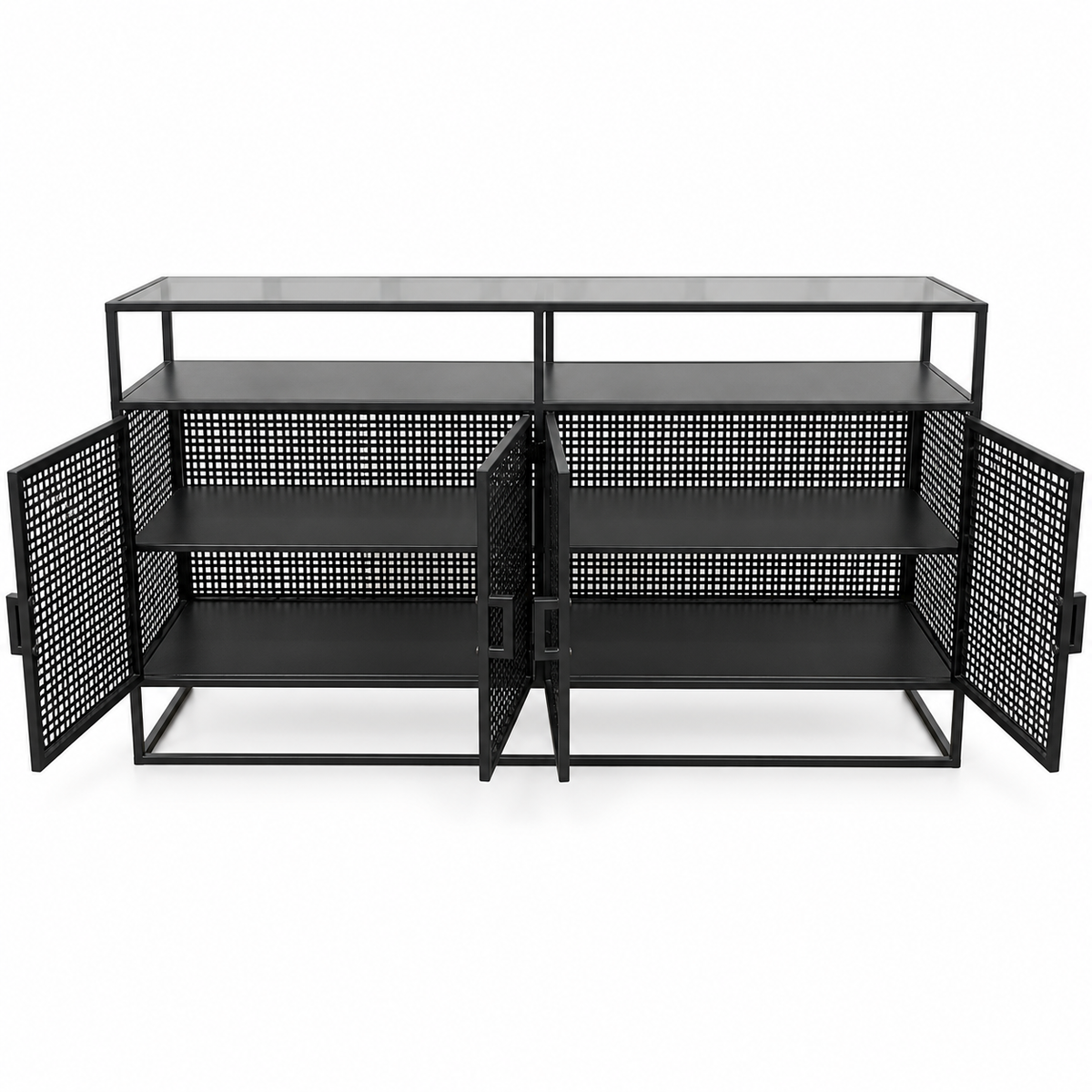 Aster Industrial 4-Door Metal Sideboard with Smoked Glass Top – 160 cm – Black