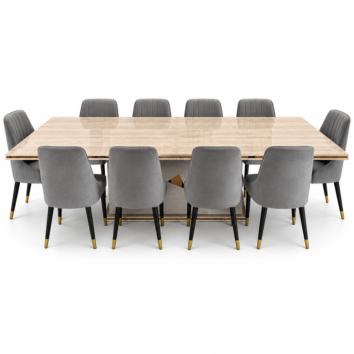 Home Centre Vasto 10-Seater Dining Set with Marble-Finish Wooden Table – Beige, Grey & Gold