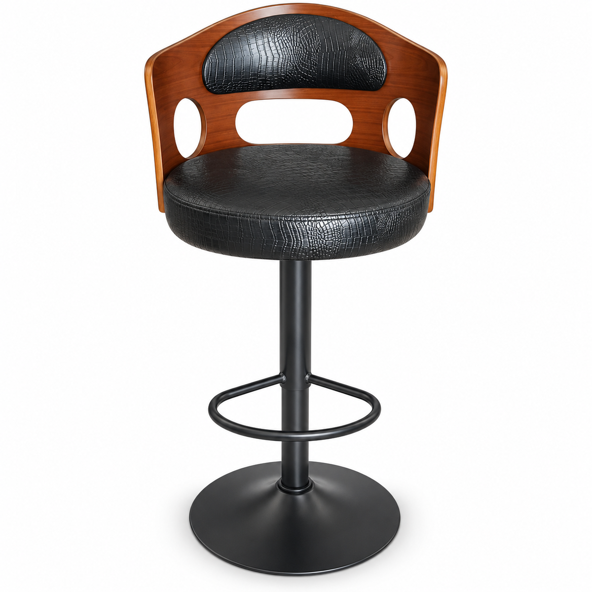 Crocodile Embossed PU Leather Adjustable Swivel Bar Stool – Black & Walnut