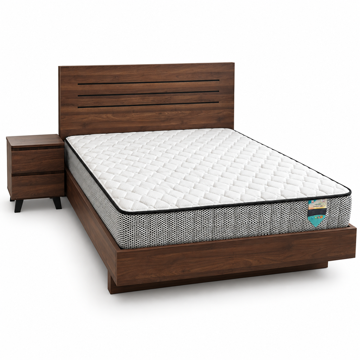 Home Box Queen Bed Set with iGolden Comfort Lux Mattress Bedside Table – Walnut – 150 × 200 cm