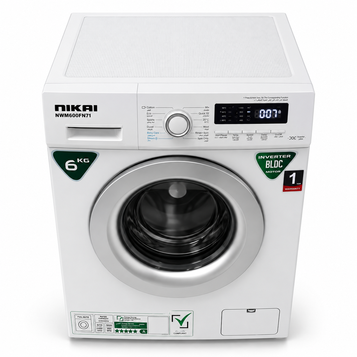 Nikai NWM600FN7I 6kg Inverter Front Load Washing Machine – 1000 RPM – White