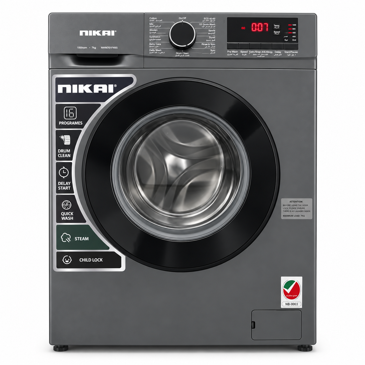 Nikai NWM701FN9S 7 kg Front Load Washing Machine – 1000 RPM – Dark Silver