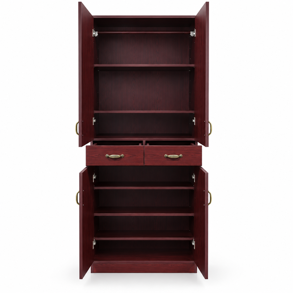 4-Door Wardrobe with 2 Drawers, Hanging Rail & Shelves – Dark Mahogany Finish – 82 × 40 × 214 cm