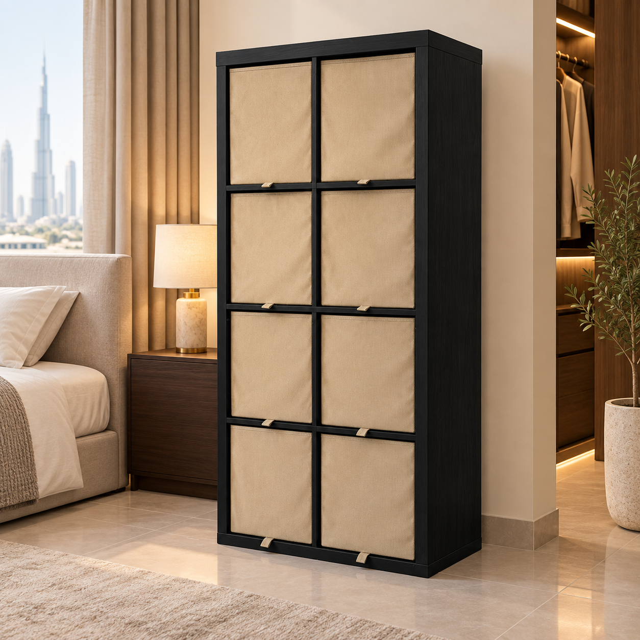 IKEA KALLAX 8-Cube Storage Unit with 8 DRÖNA Boxes – Black-Brown & Beige – 77 × 147 cm