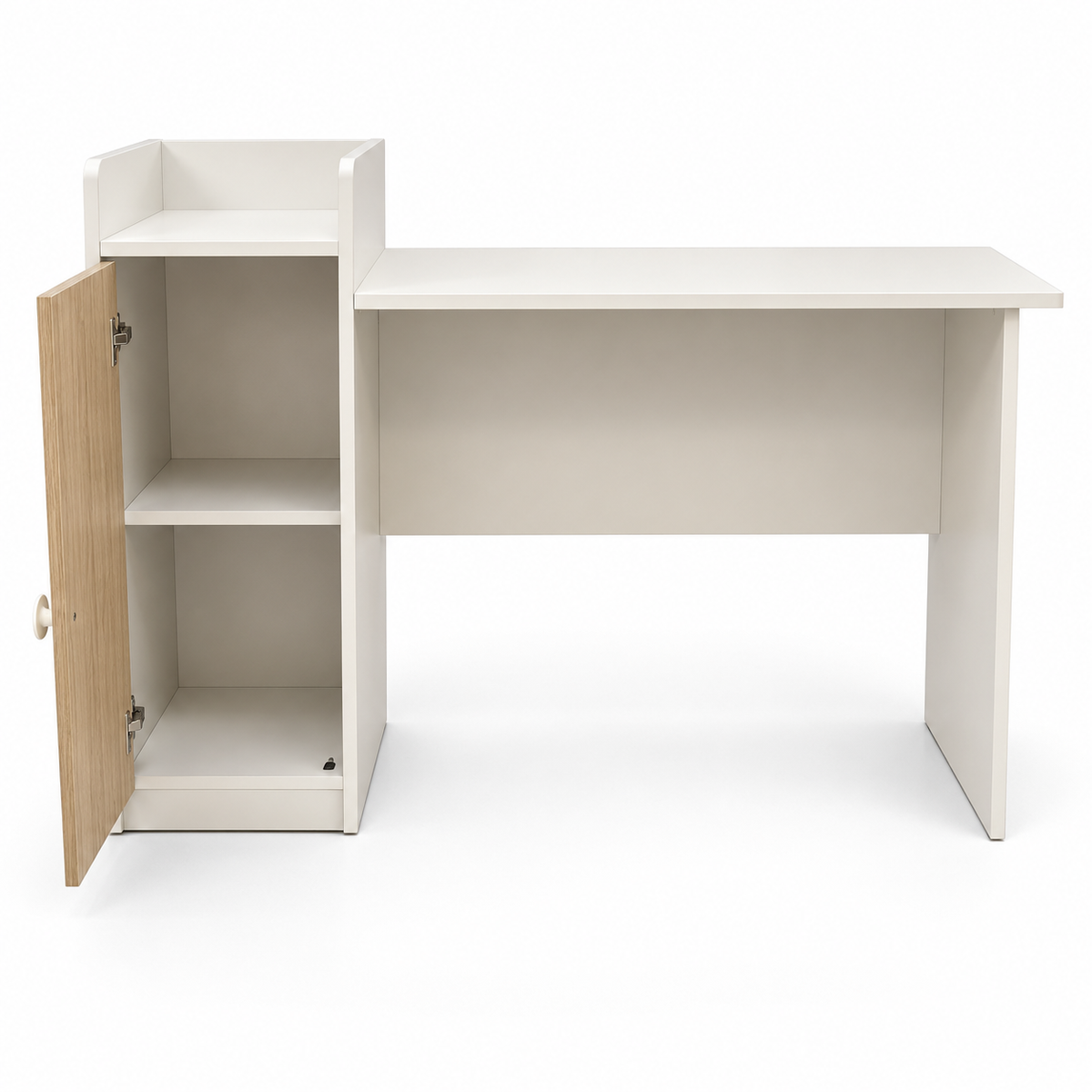 Home Box Study Desk with 1-Door Storage Cabinet & Open Shelf – White & Natural Oak