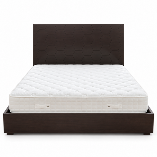 Marina Home King Bed Frame with Hexagonal Headboard & Mattress – Dark Walnut Brown – 187 × 214.5 × 140 cm