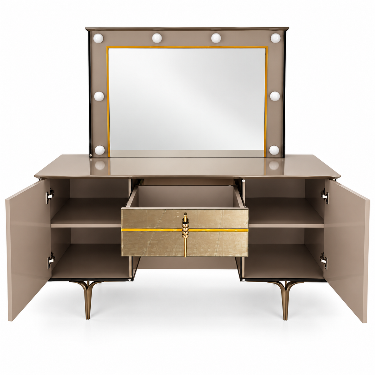 Danube Home Celestia King Bedroom Set with Mattress, 2 Nightstands & Lighted Dresser Mirror – 180 × 200 cm – Navy Blue, Taupe & Gold