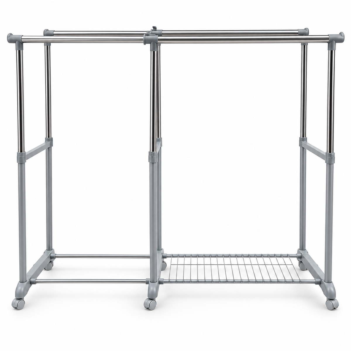Brightline Double Rod Adjustable Garment Rack with Wheels & Bottom Shelf – 80 × 41 × 160 cm