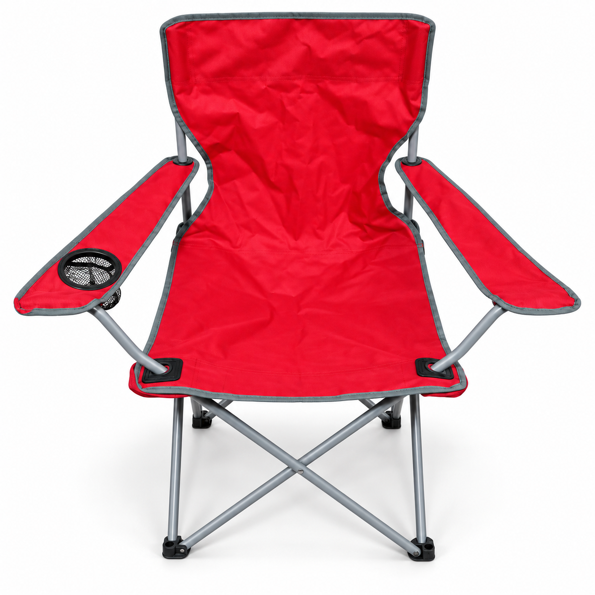 Foldable Camping Chair with Armrests & Cup Holder – Red & Grey