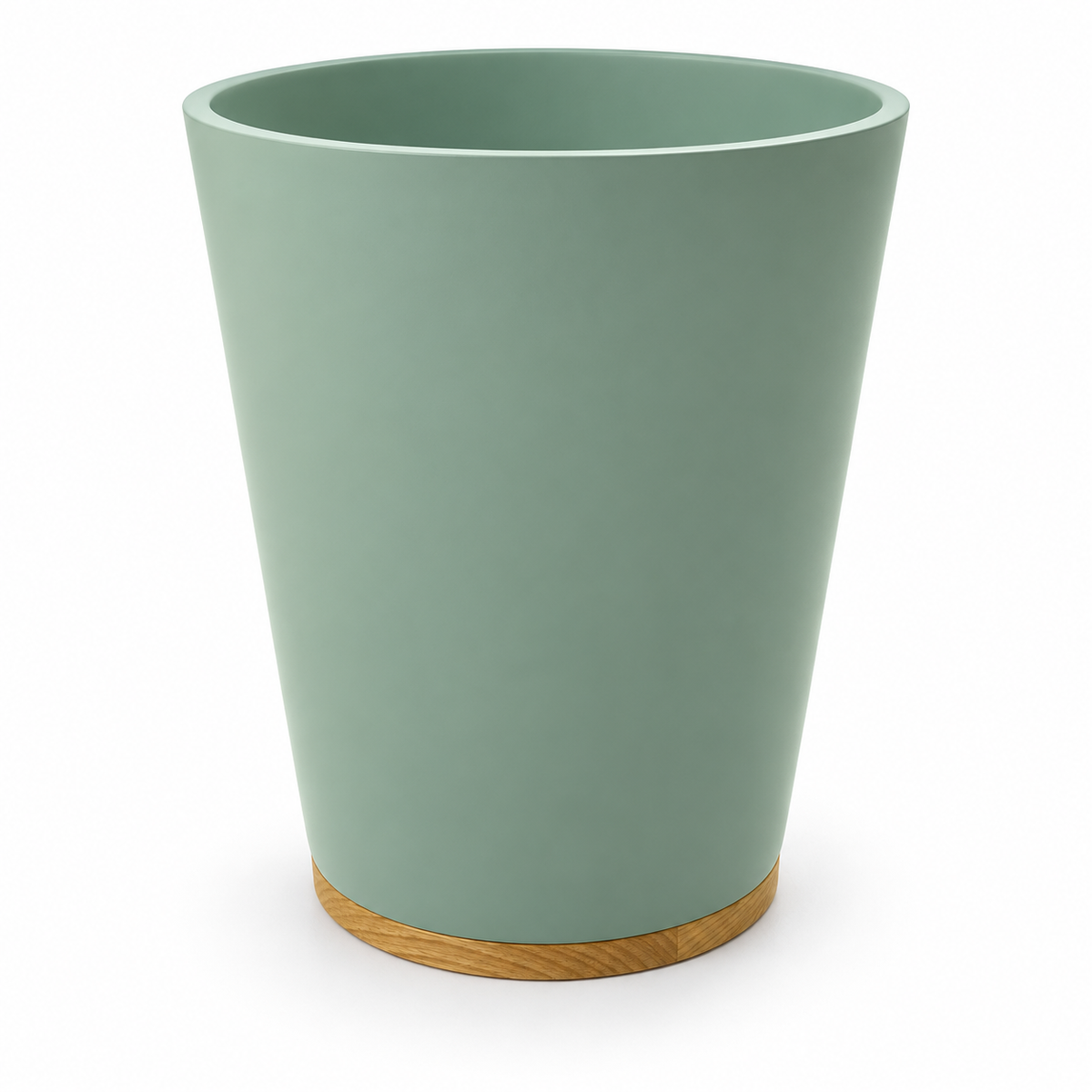 Modern Round Wastepaper Bin with Wood-Effect Base – Sage Green