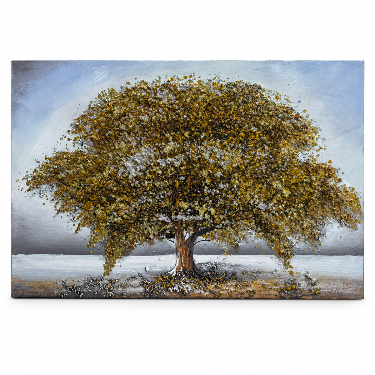 Golden Tree of Life Textured Landscape Wall Art – Gold, Silver & Blue-Grey