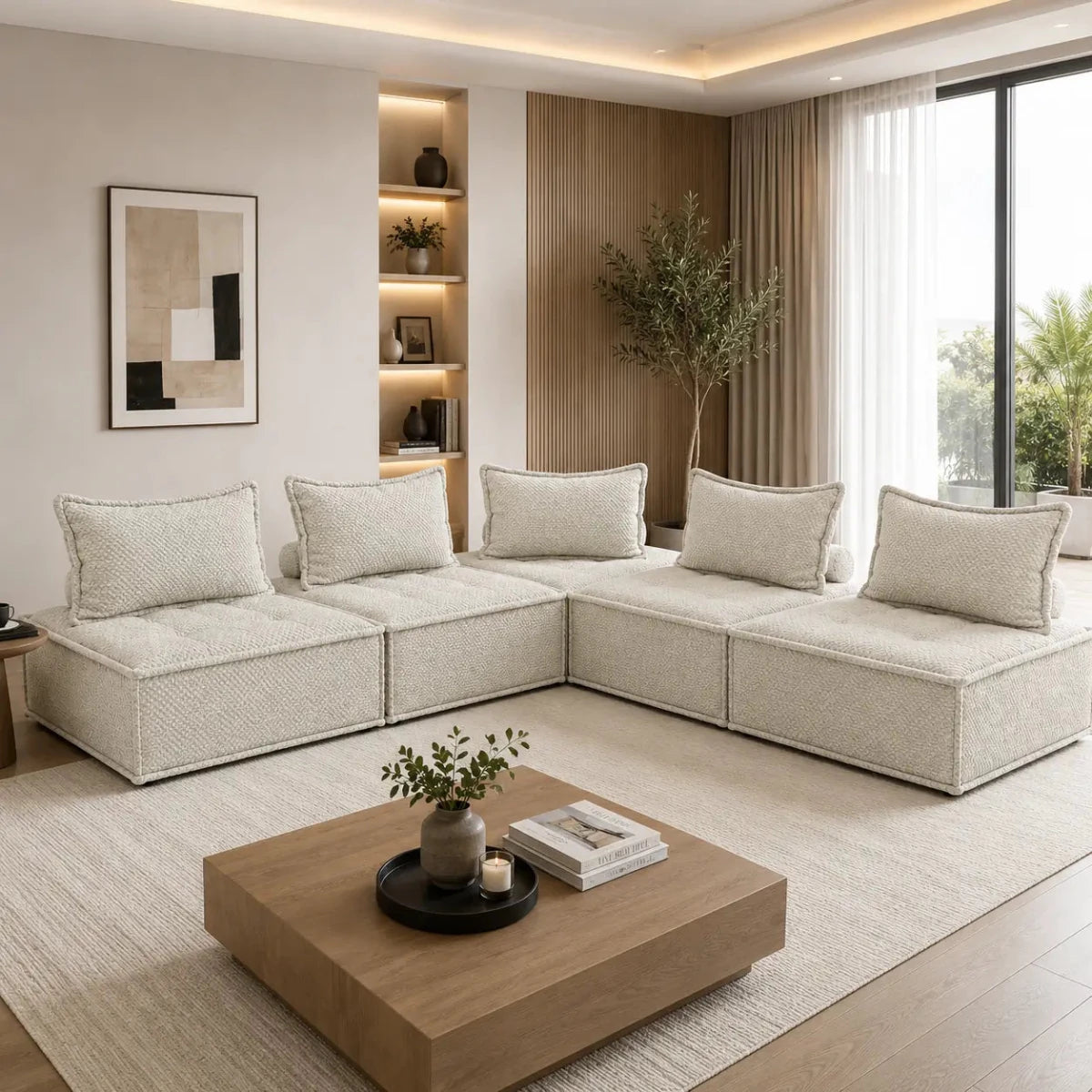 Ashley Bales Taupe 5-Piece Modular Accent Chair Set | Checkered, Armless - used 5 months - Al Thahani Furniture