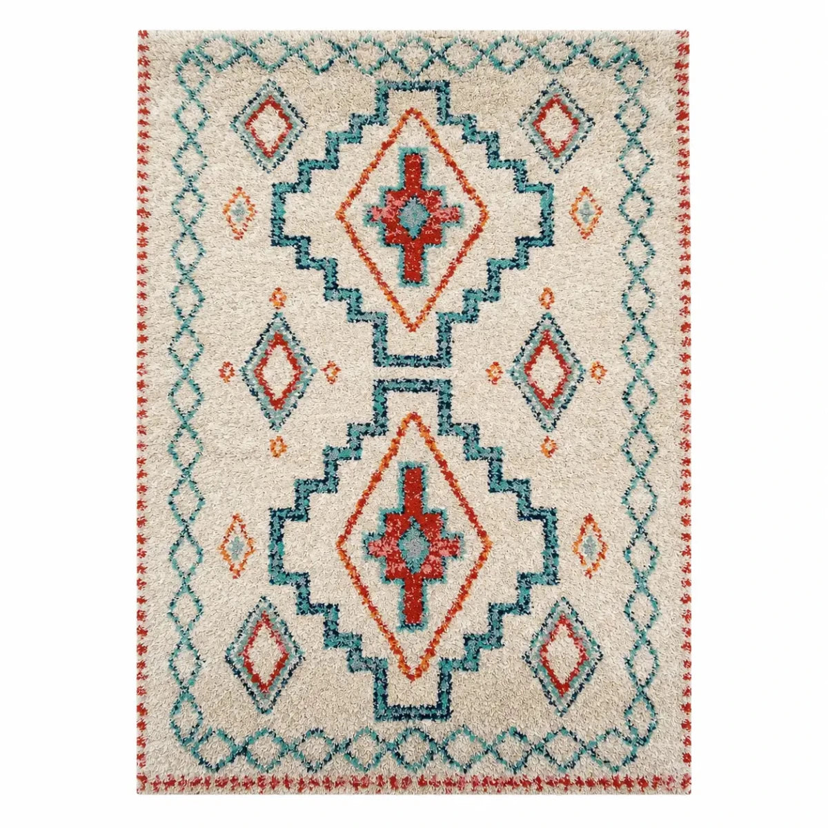 Benuta Gobi Shaggy Rug | Cream with Blue & Red Geometric Berber Pattern, 160x230 cm - used 3 months - Al Thahani Furniture