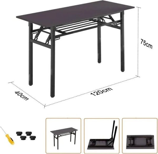 Black Metal Frame Folding Table | Dark Wood Grain Top - althahanifurniture