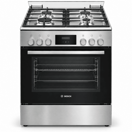 Bosch Series 4 HXQ38AE50M 60cm Dual-Fuel Cooker – 4 Gas Burners & 66L Electric Oven – Stainless Steel - Al Thahani Furniture