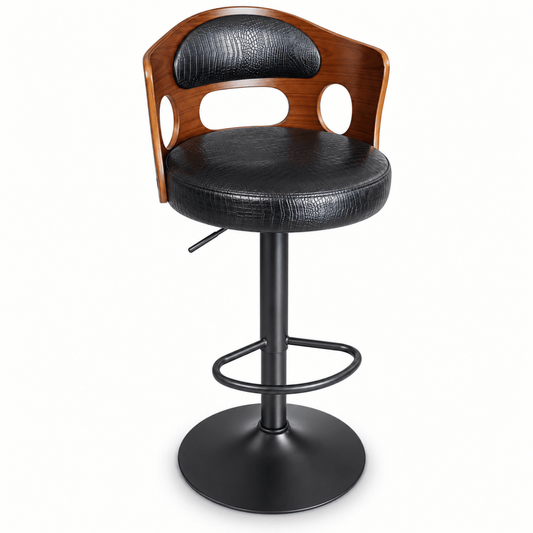 Crocodile Embossed PU Leather Adjustable Swivel Bar Stool – Black & Walnut - Al Thahani Furniture