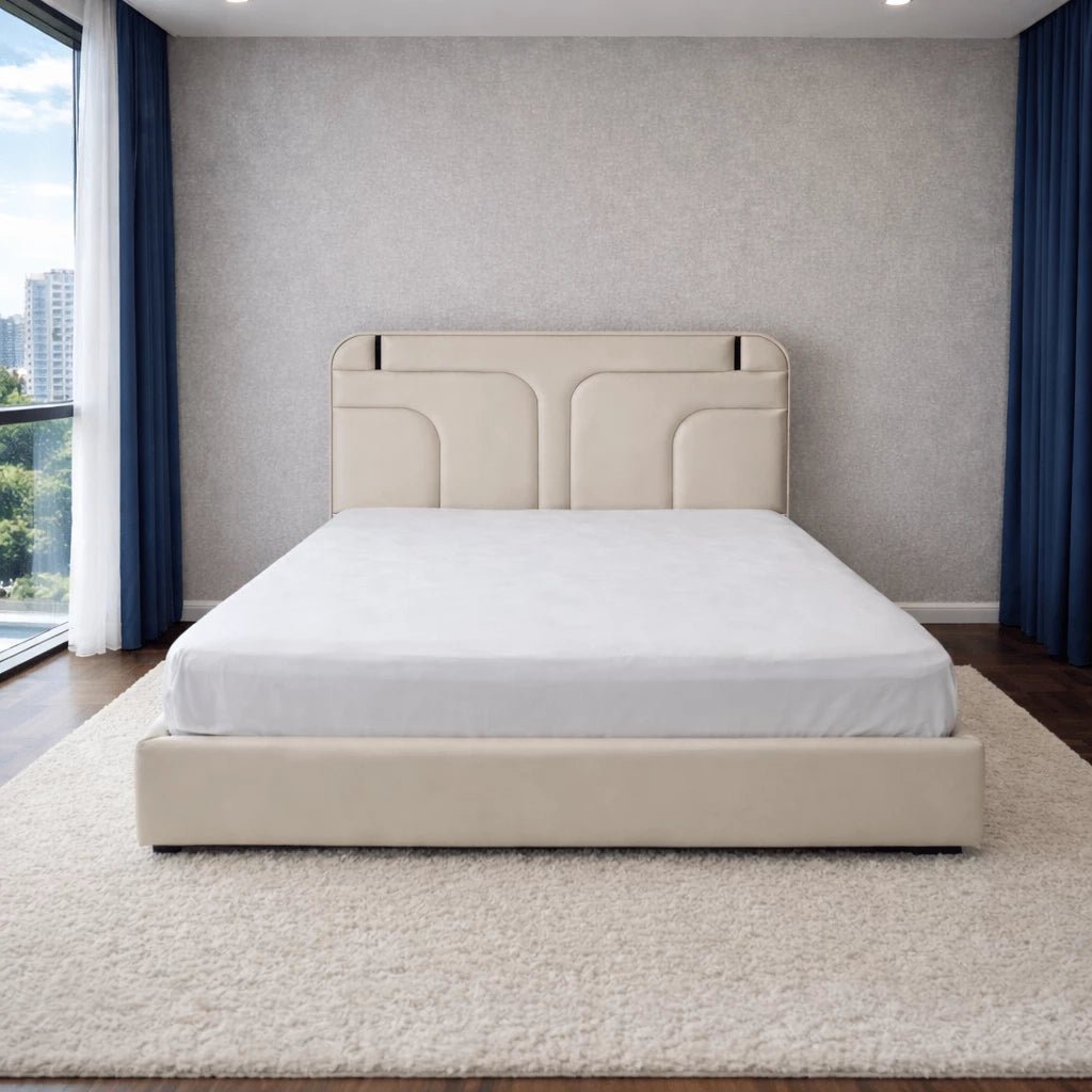 Custom Upholstered King Bed – Modern Sculptural Headboard, Cream Fabric, Locally Made in UAE, Brand New with Mattress (180x200 cm) - althahanifurniture