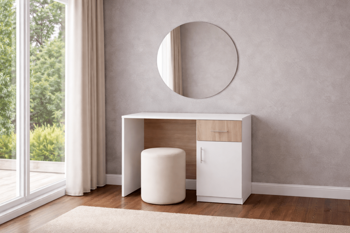 Customized Modern Vanity Dressing Table Set – White & Wood - Grain with Circular Mirror & Stool – 100cm - althahanifurniture