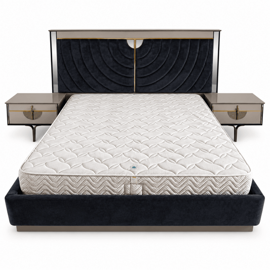 Danube Home Celestia King Bedroom Set with Mattress, 2 Nightstands & Lighted Dresser Mirror – 180 × 200 cm – Navy Blue, Taupe & Gold - Al Thahani Furniture