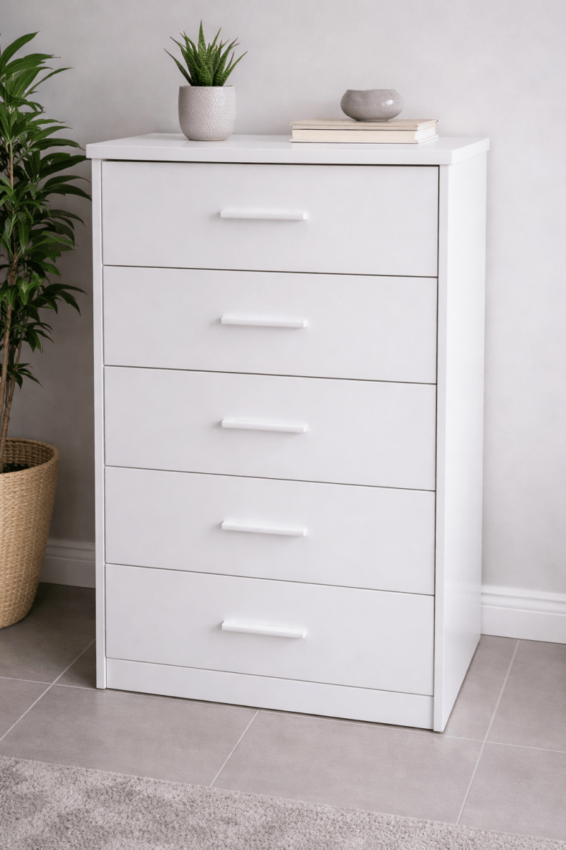 Danube White 5 - Drawer Chest | Modern Minimalist Storage | Compact Design - althahanifurniture