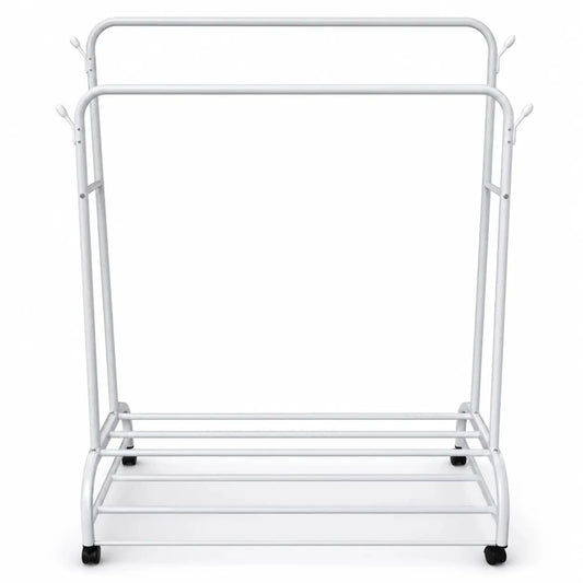 Double-Rod Garment Rack with Wheels | White, 109x57x160 cm - used 3 months - Al Thahani Furniture