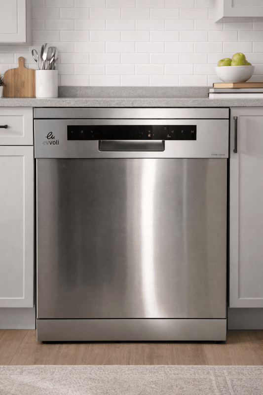 Evvoli 15 - Place Freestanding Dishwasher – 7 Programs (Auto, Intensive, Rapid), LED Display, Child Lock, 60x60x85 cm - althahanifurniture