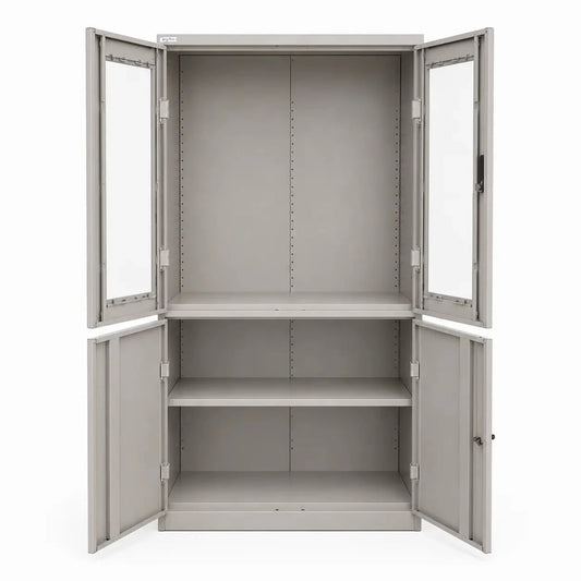 Godrej Steel Filing Cabinet | Grey, Lockable, Glass & Steel Doors - used 8 months - Al Thahani Furniture