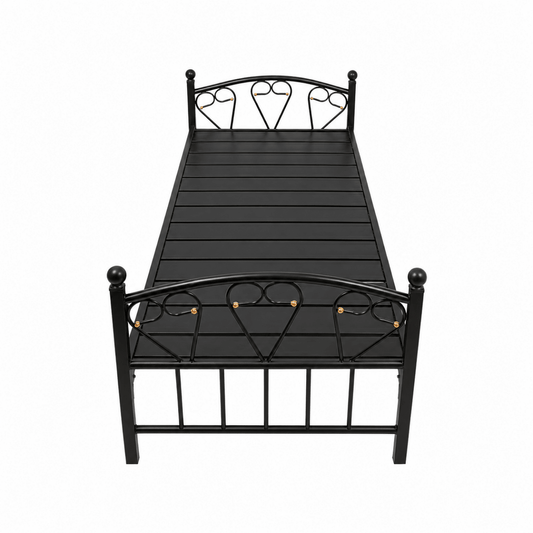 Heavy-Duty Single Steel Bed Frame | Black, Heart Scrollwork, 190x90 cm - used 3 months - Al Thahani Furniture