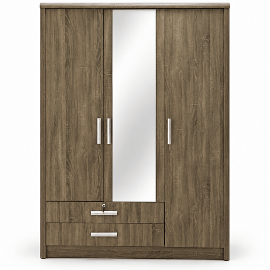 Home Box 3-Door Mirrored Wardrobe with 2 Drawers – Grey Brown Oak - Al Thahani Furniture
