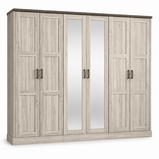 Home Box Angelic 6-Door Wardrobe with Mirror & 3 Drawers – 257 cm – Light Wood - Al Thahani Furniture