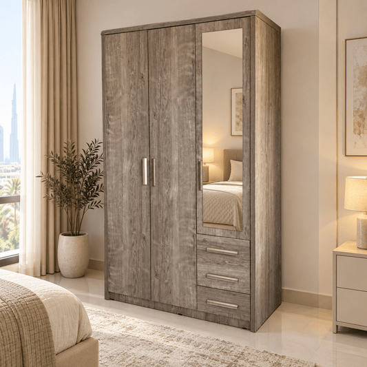 Home Box Curvy 3-Door Wardrobe with Mirror & 3 Drawers – Brown - Al Thahani Furniture