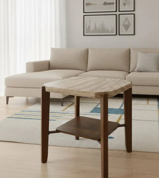 Home Box Hexagonal Side Table | Faux Marble Top & Wood Base - althahanifurniture