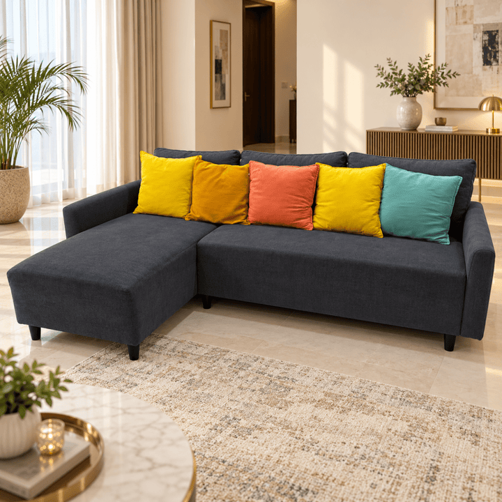 Home Box L-Shaped Corner Sofa with Left Chaise & 5 Colourful Cushions – Charcoal Grey