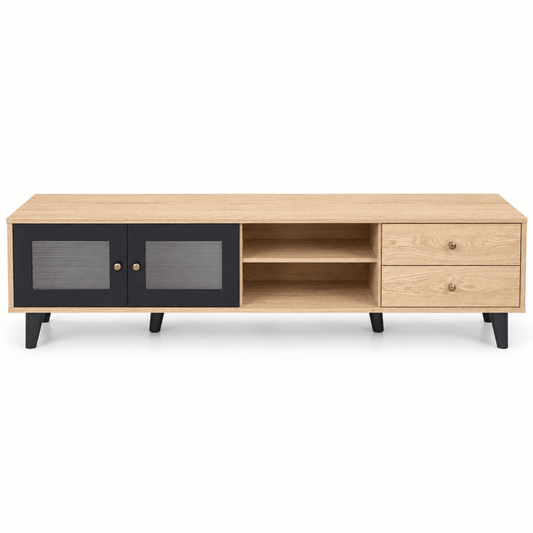 Home Box Zoara 1.8m TV Console with 2 Doors & 2 Drawers – Natural Oak Effect & Black - Al Thahani Furniture