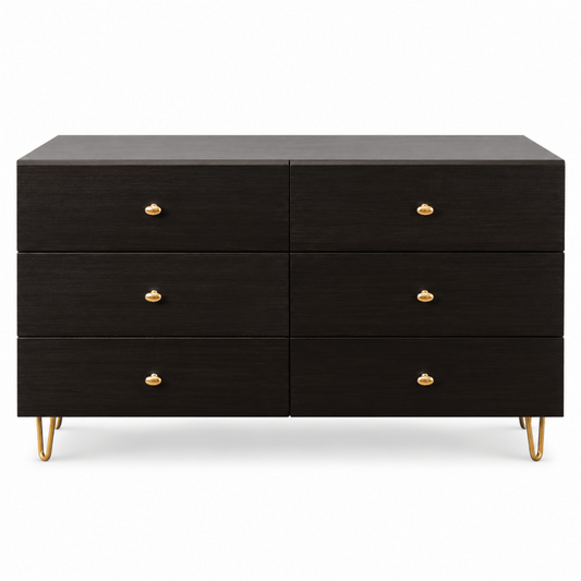 Home Centre 6-Drawer Dresser with Gold Metal Legs – Dark Brown & Gold - Al Thahani Furniture