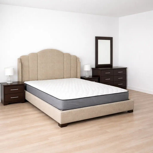 Home Centre King Bed Set – 180x200 cm – Wingback Upholstered Headboard – Dark Wood Dresser & Nightstands – Used 1 Year (Excellent Condition) - althahanifurniture