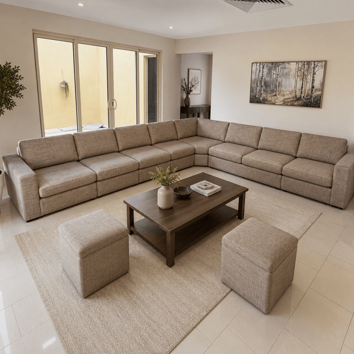 Home Centre Lounge 8-Seater Modular Corner Sofa with 2 Ottomans – Beige – 510 × 500 × 75 cm – Used 5 Months