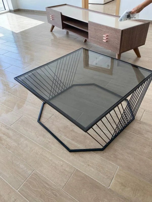 Home Centre Modern Coffee Table | Clear Tempered Glass & Black Metal Frame - althahanifurniture