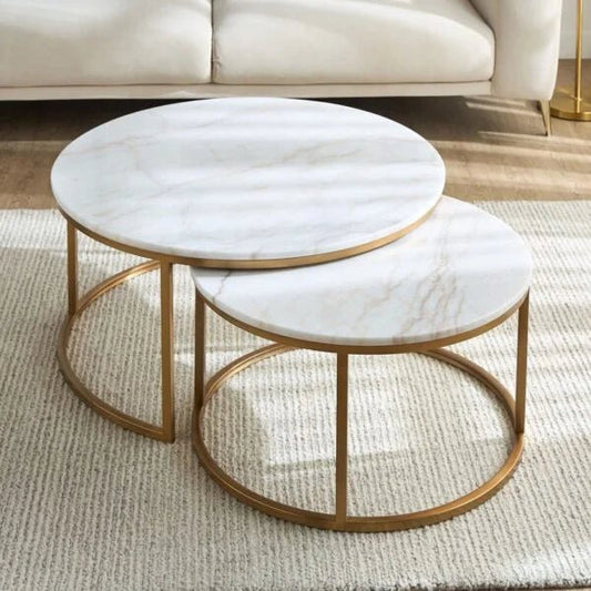 Home Centre Strava 2 - Piece Marble Coffee Table Set | Gold Metal Frame - althahanifurniture