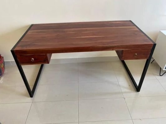 Home Centre Study Desk | Dark Brown Wood & Black Metal Frame - althahanifurniture