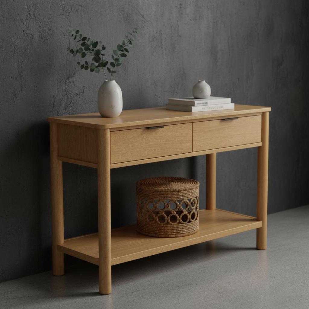 Home Urs Miller Console Table | Natural Oak, 2 Drawers & Shelf - used 4 months - Al Thahani Furniture