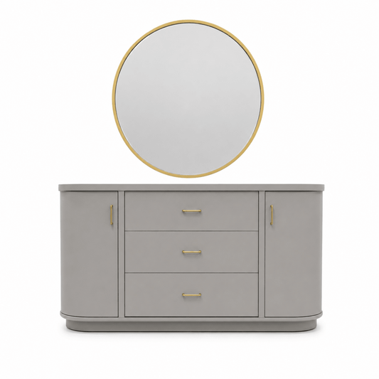 Home Urs Selena Dresser Set with Mirror & Stool | Matte Grey & Gold - used 5 months - Al Thahani Furniture