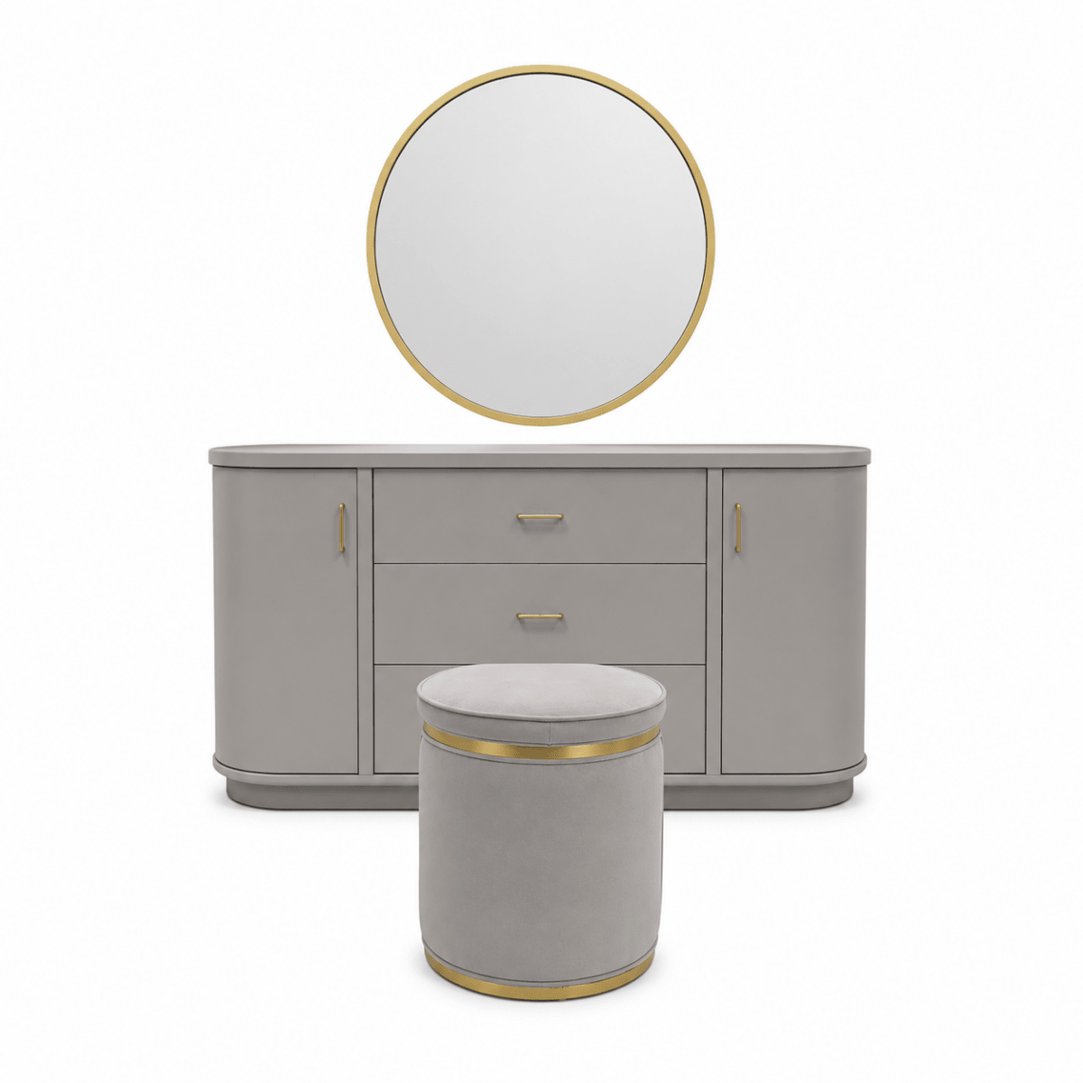 Home Urs Selena Dresser Set with Mirror & Stool | Matte Grey & Gold