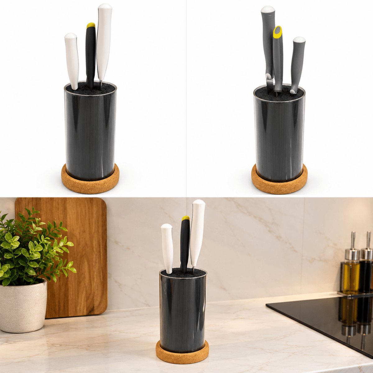 IKEA 365+ Knife Block with 3 Kitchen Knives – Black Glass & Cork – 13 × 24 cm - Al Thahani Furniture